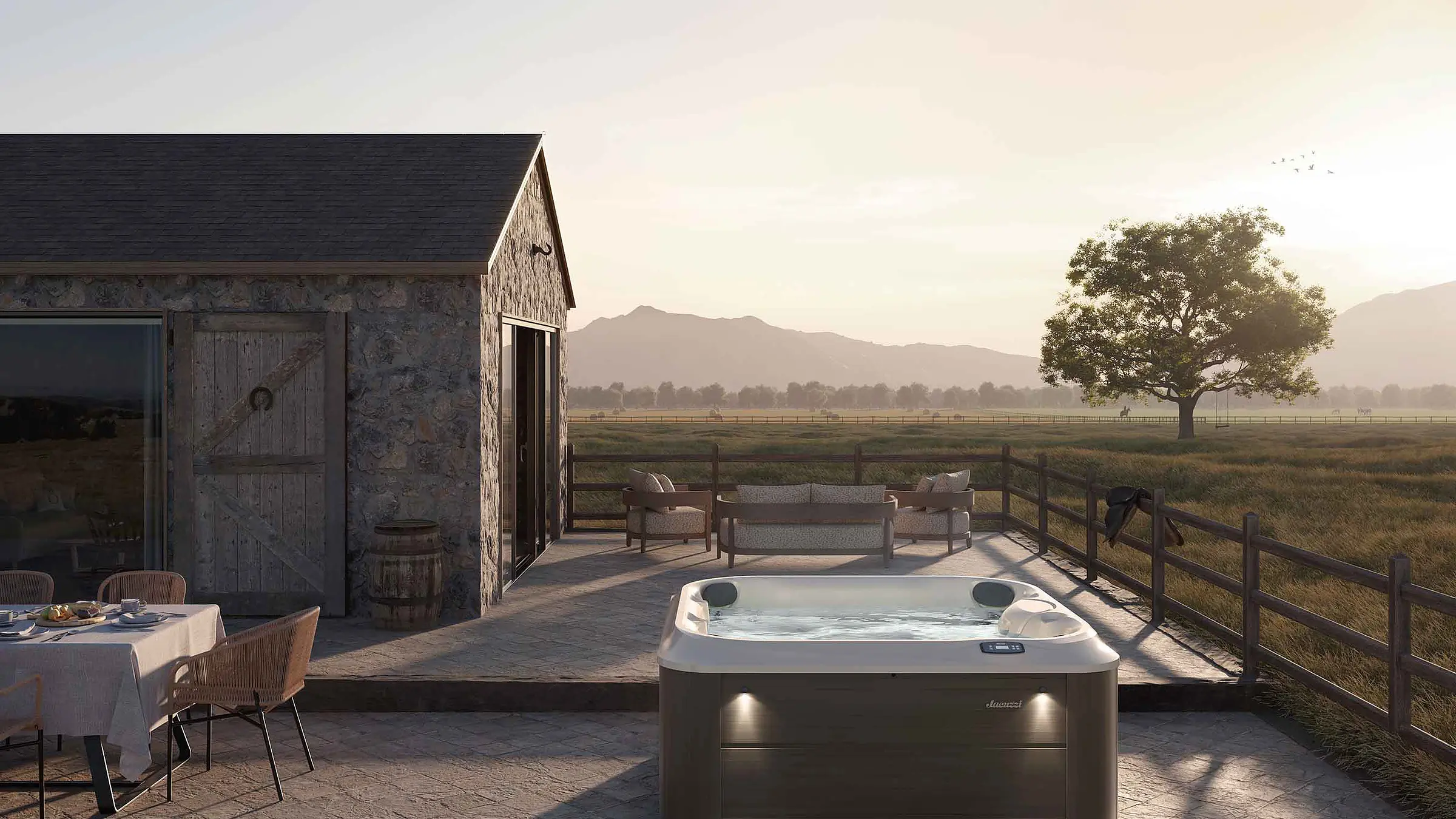Jacuzzi v exteriéri pri vidieckom dome