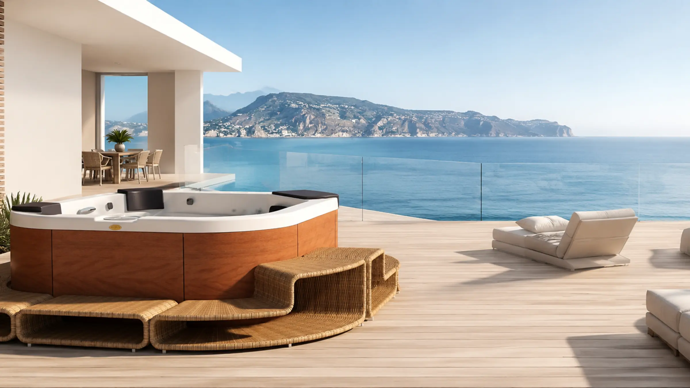 Jacuzzi na slnečnej terase s výhľadom na more